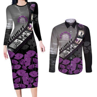 Personalised Remembering ANZAC Lest We Forget Couples Matching Long Sleeve Bodycon Dress and Long Sleeve Button Shirt Vintage Film Frame Memorial Purple Poppy LT9 Purple - Polynesian Pride