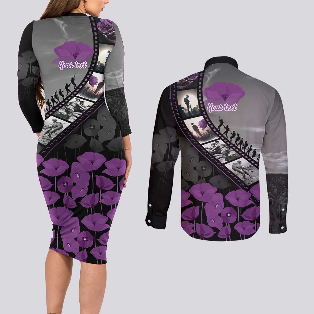 Personalised Remembering ANZAC Lest We Forget Couples Matching Long Sleeve Bodycon Dress and Long Sleeve Button Shirt Vintage Film Frame Memorial Purple Poppy LT9 - Polynesian Pride