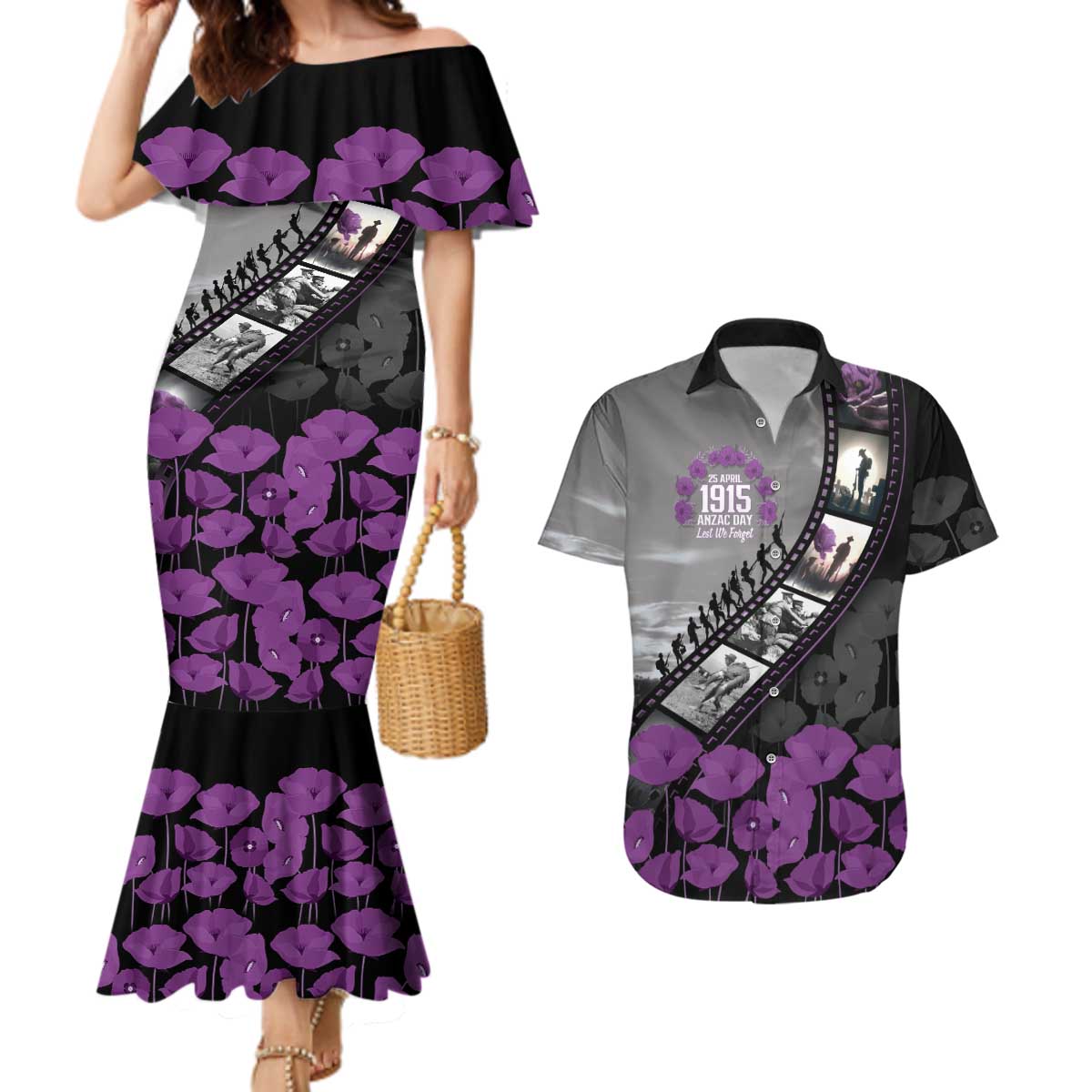 Personalised Remembering ANZAC Lest We Forget Couples Matching Mermaid Dress and Hawaiian Shirt Vintage Film Frame Memorial Purple Poppy LT9 Purple - Polynesian Pride