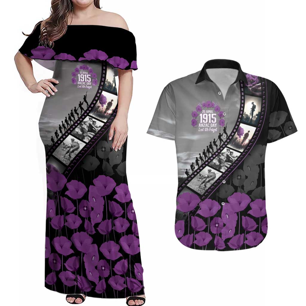 Personalised Remembering ANZAC Lest We Forget Couples Matching Off Shoulder Maxi Dress and Hawaiian Shirt Vintage Film Frame Memorial Purple Poppy