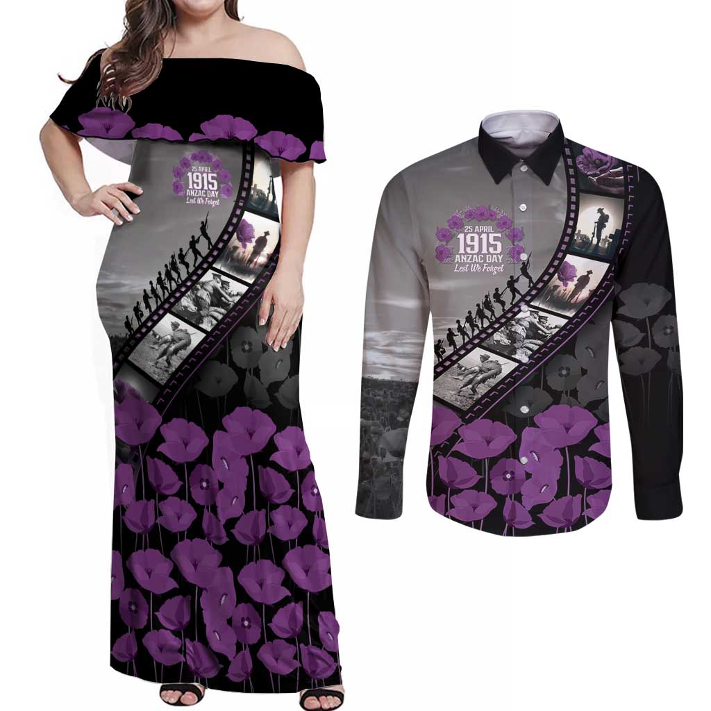 Personalised Remembering ANZAC Lest We Forget Couples Matching Off Shoulder Maxi Dress and Long Sleeve Button Shirt Vintage Film Frame Memorial Purple Poppy