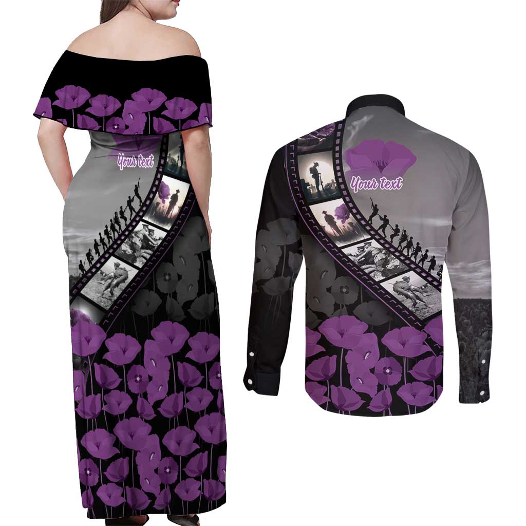 Personalised Remembering ANZAC Lest We Forget Couples Matching Off Shoulder Maxi Dress and Long Sleeve Button Shirt Vintage Film Frame Memorial Purple Poppy