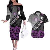Personalised Remembering ANZAC Lest We Forget Couples Matching Off The Shoulder Long Sleeve Dress and Hawaiian Shirt Vintage Film Frame Memorial Purple Poppy LT9 Purple - Polynesian Pride