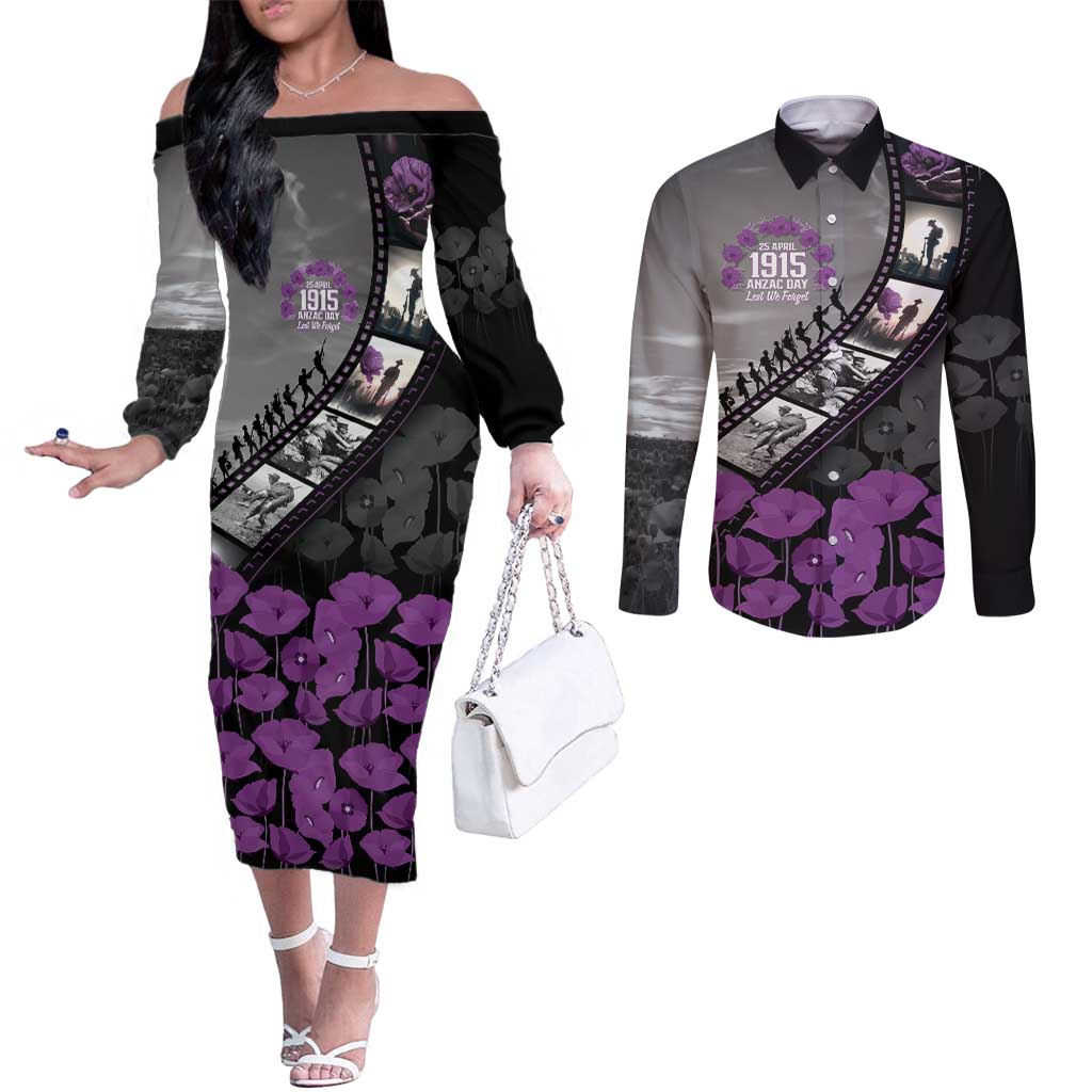 Personalised Remembering ANZAC Lest We Forget Couples Matching Off The Shoulder Long Sleeve Dress and Long Sleeve Button Shirt Vintage Film Frame Memorial Purple Poppy LT9 Purple - Polynesian Pride