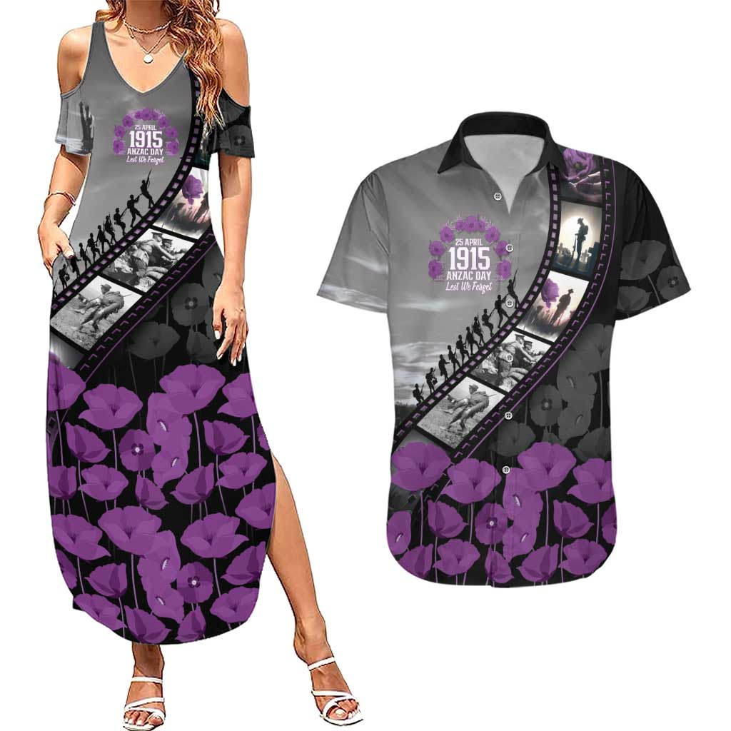 Personalised Remembering ANZAC Lest We Forget Couples Matching Summer Maxi Dress and Hawaiian Shirt Vintage Film Frame Memorial Purple Poppy LT9 Purple - Polynesian Pride