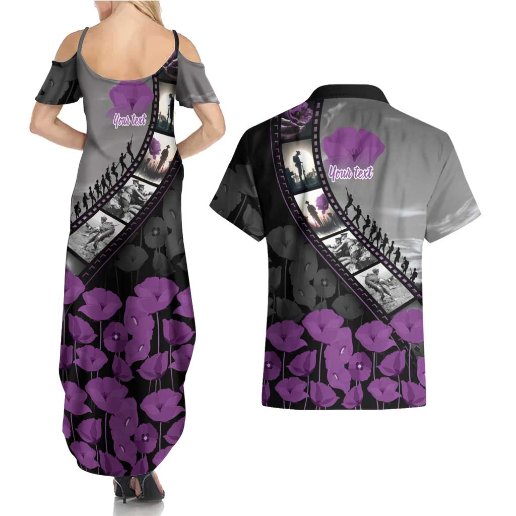 Personalised Remembering ANZAC Lest We Forget Couples Matching Summer Maxi Dress and Hawaiian Shirt Vintage Film Frame Memorial Purple Poppy LT9 - Polynesian Pride