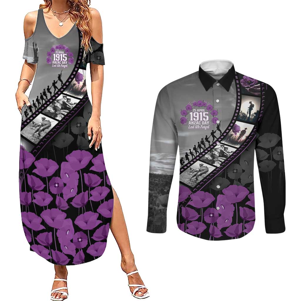 Personalised Remembering ANZAC Lest We Forget Couples Matching Summer Maxi Dress and Long Sleeve Button Shirt Vintage Film Frame Memorial Purple Poppy