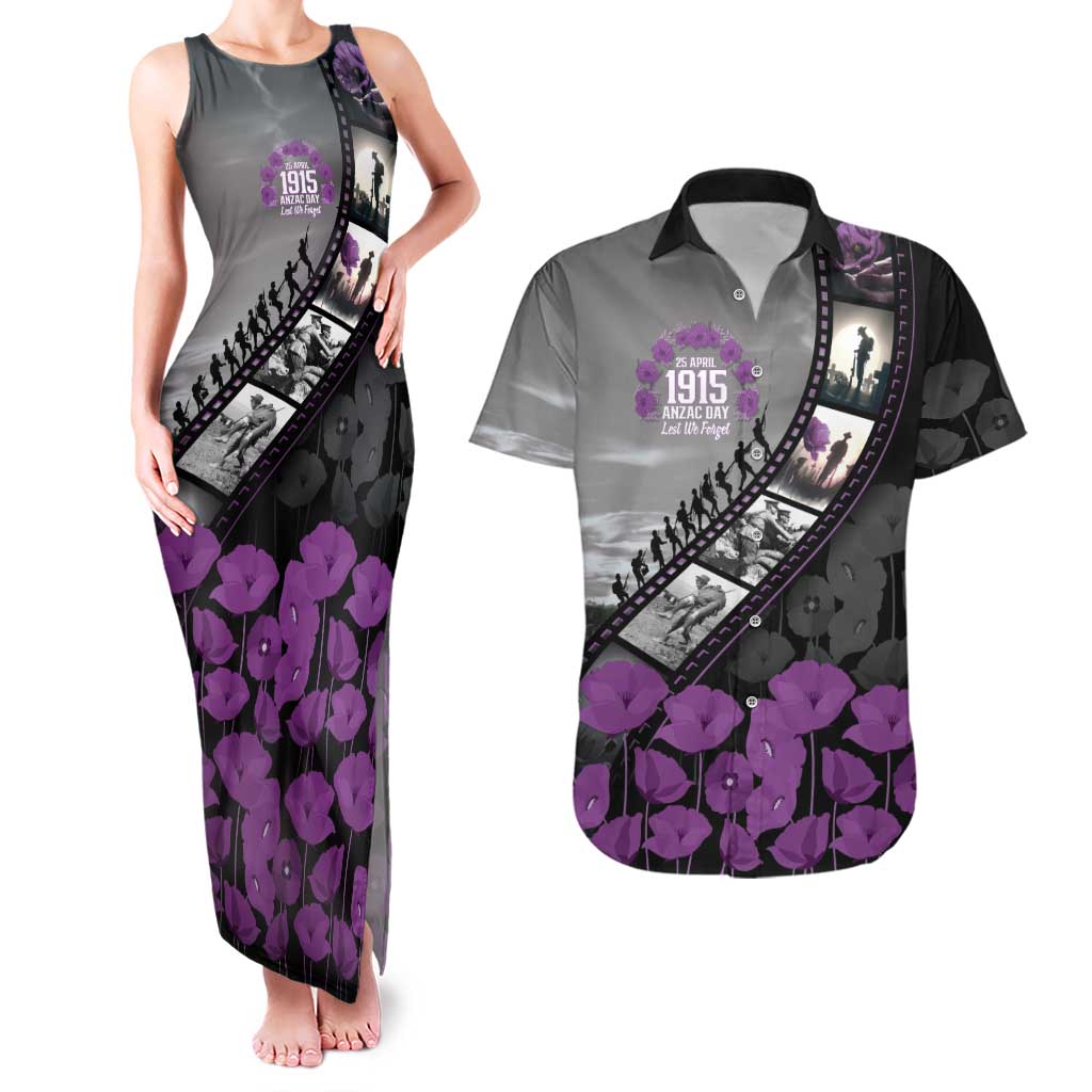 Personalised Remembering ANZAC Lest We Forget Couples Matching Tank Maxi Dress and Hawaiian Shirt Vintage Film Frame Memorial Purple Poppy LT9 Purple - Polynesian Pride