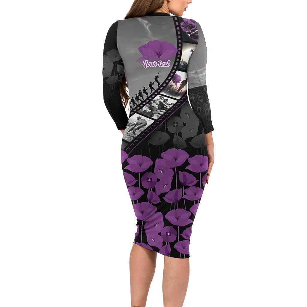 Personalised Remembering ANZAC Lest We Forget Family Matching Long Sleeve Bodycon Dress and Hawaiian Shirt Vintage Film Frame Memorial Purple Poppy LT9 - Polynesian Pride