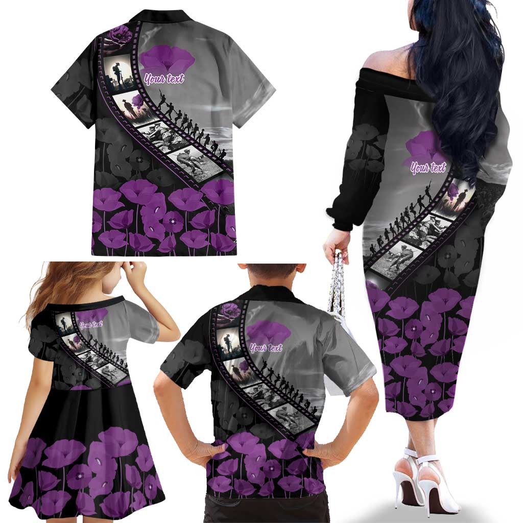 Personalised Remembering ANZAC Lest We Forget Family Matching Off The Shoulder Long Sleeve Dress and Hawaiian Shirt Vintage Film Frame Memorial Purple Poppy LT9 - Polynesian Pride