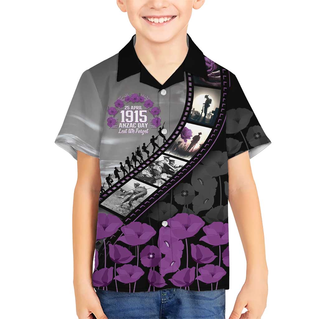 Personalised Remembering ANZAC Lest We Forget Family Matching Off The Shoulder Long Sleeve Dress and Hawaiian Shirt Vintage Film Frame Memorial Purple Poppy LT9 Son's Shirt Purple - Polynesian Pride