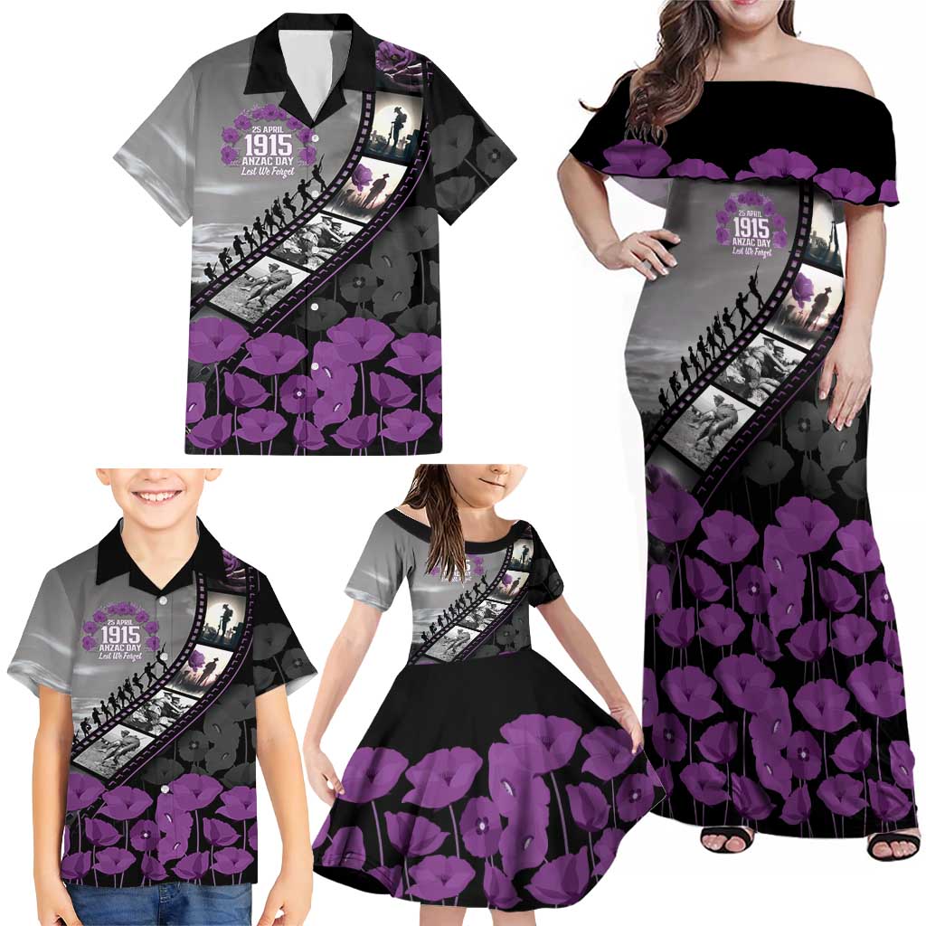 Personalised Remembering ANZAC Lest We Forget Family Matching Off Shoulder Maxi Dress and Hawaiian Shirt Vintage Film Frame Memorial Purple Poppy LT9 - Polynesian Pride