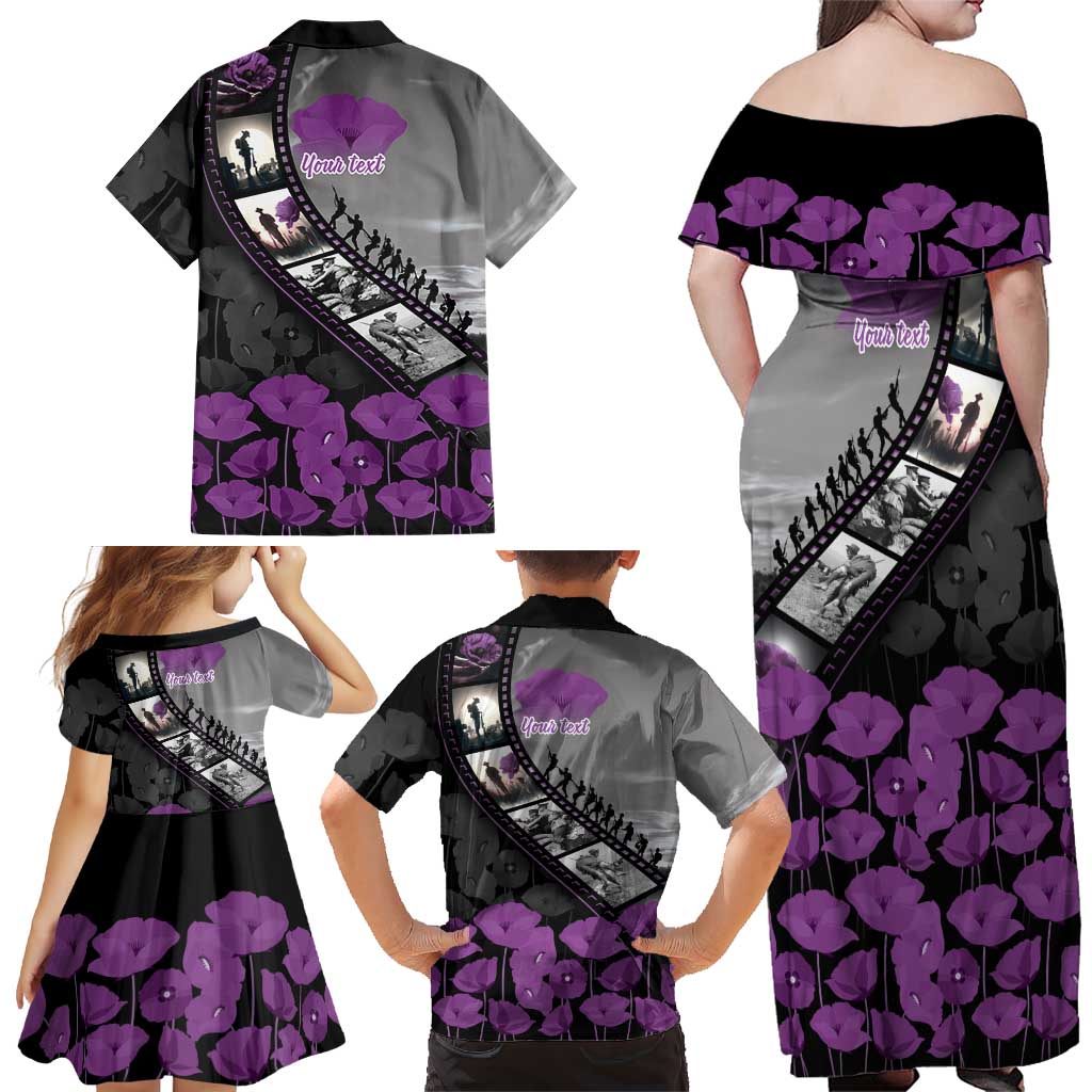 Personalised Remembering ANZAC Lest We Forget Family Matching Off Shoulder Maxi Dress and Hawaiian Shirt Vintage Film Frame Memorial Purple Poppy LT9 - Polynesian Pride