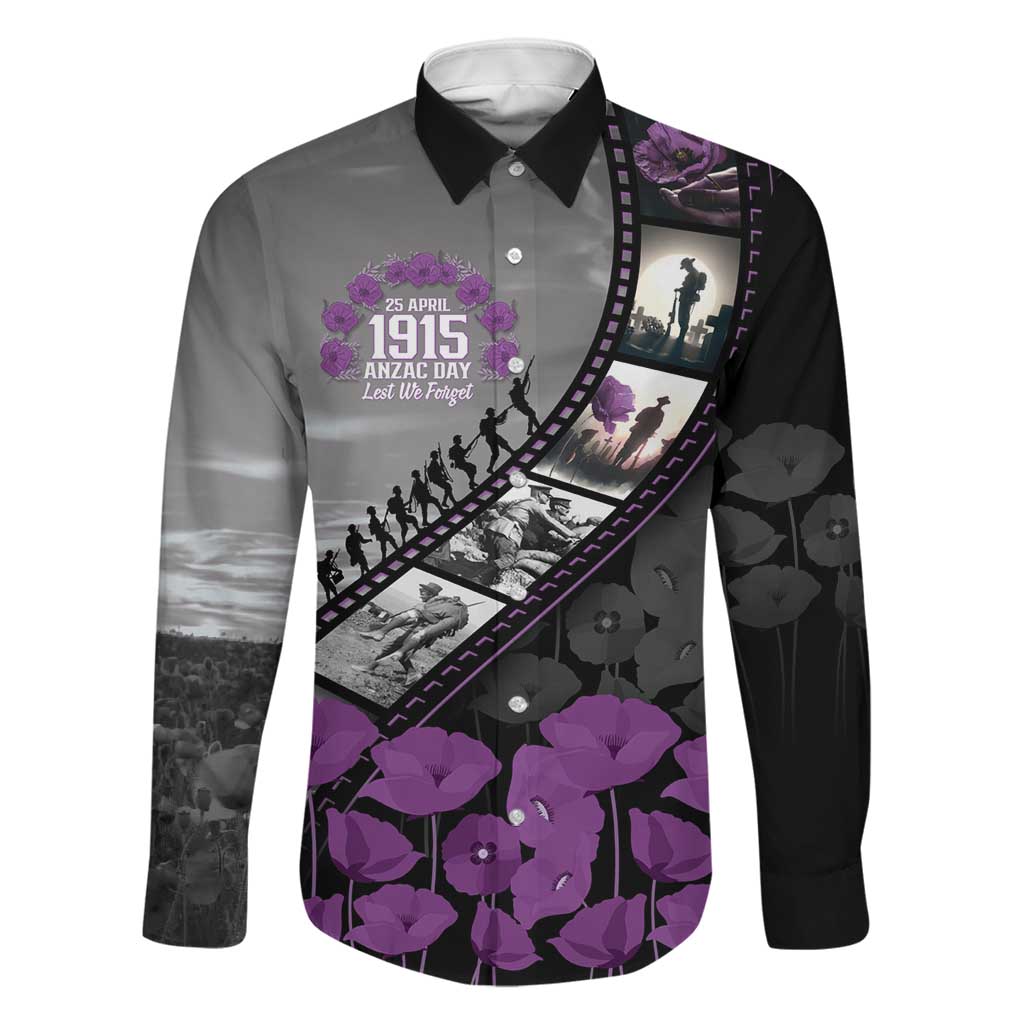 Personalised Remembering ANZAC Lest We Forget Family Matching Puletasi and Hawaiian Shirt Vintage Film Frame Memorial Purple Poppy LT9 Dad's Shirt - Long Sleeve Purple - Polynesian Pride