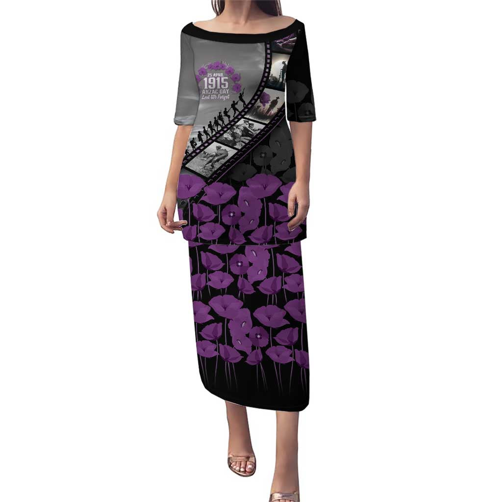 Personalised Remembering ANZAC Lest We Forget Family Matching Puletasi and Hawaiian Shirt Vintage Film Frame Memorial Purple Poppy LT9 Mom's Dress Purple - Polynesian Pride