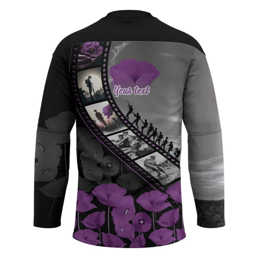 Personalised Remembering ANZAC Lest We Forget Hockey Jersey Vintage Film Frame Memorial Purple Poppy