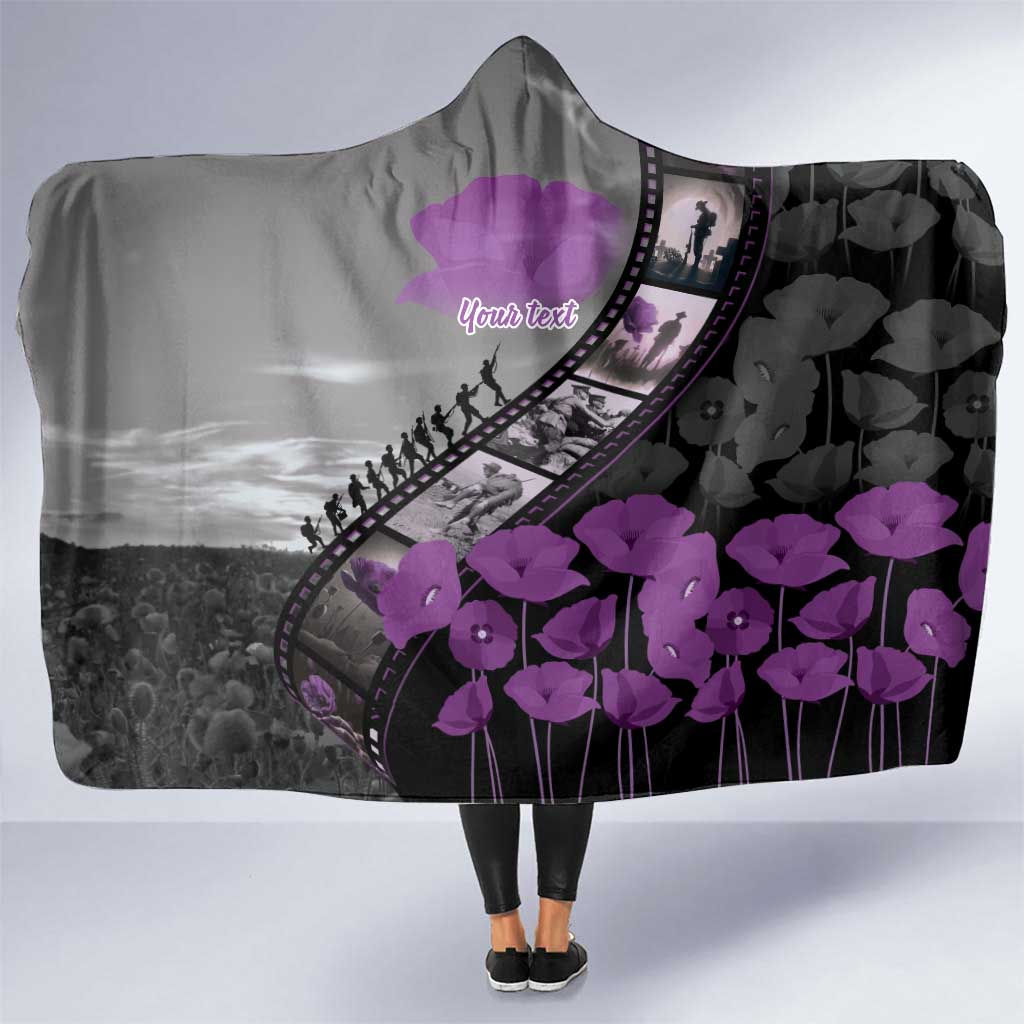 Personalised Remembering ANZAC Lest We Forget Hooded Blanket Vintage Film Frame Memorial Purple Poppy
