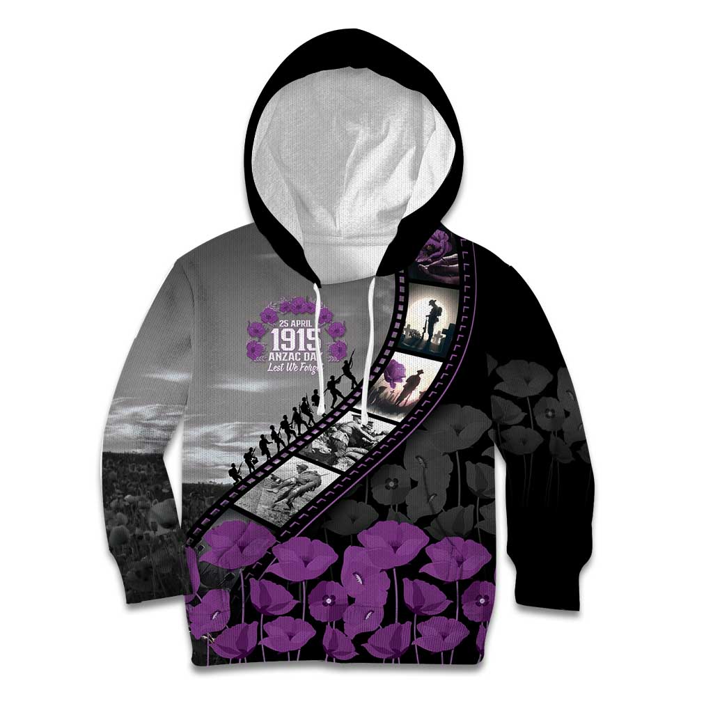 Personalised Remembering ANZAC Lest We Forget Kid Hoodie Vintage Film Frame Memorial Purple Poppy