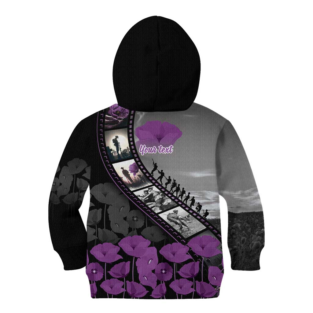 Personalised Remembering ANZAC Lest We Forget Kid Hoodie Vintage Film Frame Memorial Purple Poppy