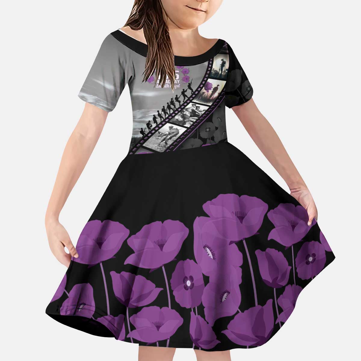 Personalised Remembering ANZAC Lest We Forget Kid Short Sleeve Dress Vintage Film Frame Memorial Purple Poppy