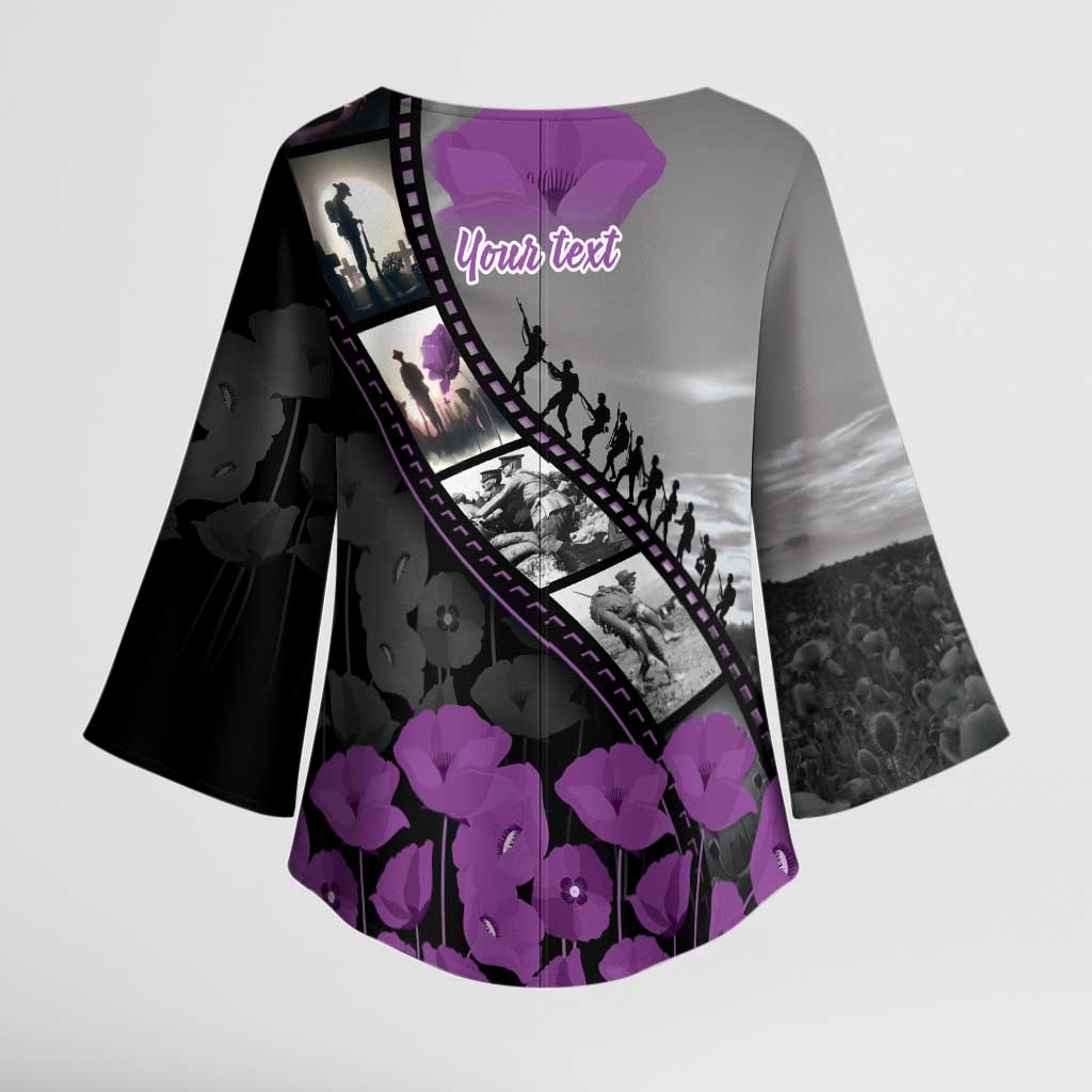 Personalised Remembering ANZAC Lest We Forget Kimono Sleeve Blouse Vintage Film Frame Memorial Purple Poppy