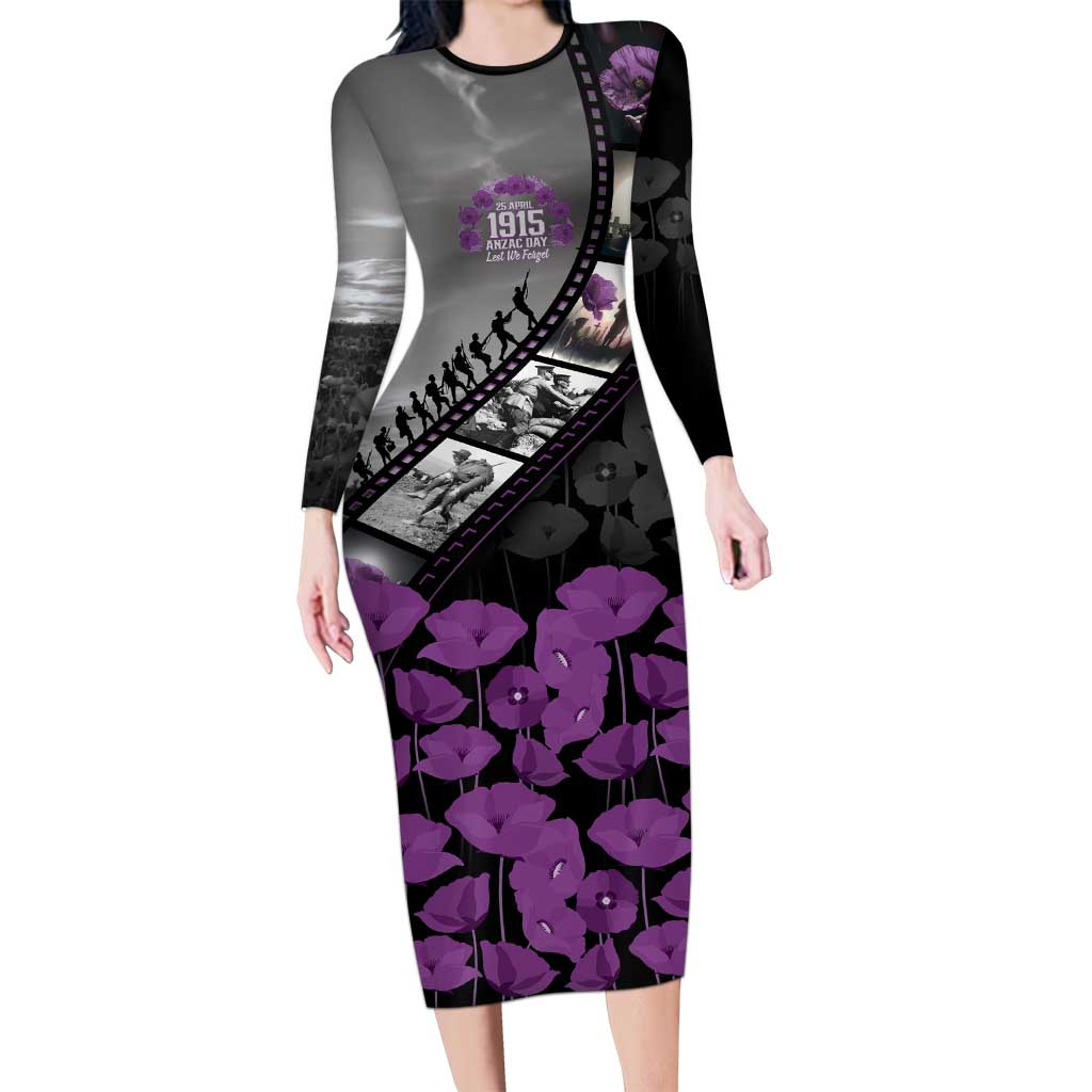 Personalised Remembering ANZAC Lest We Forget Long Sleeve Bodycon Dress Vintage Film Frame Memorial Purple Poppy