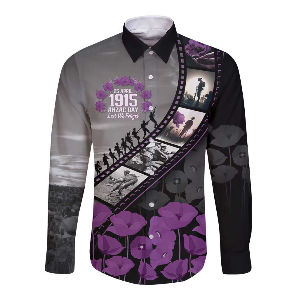 Personalised Remembering ANZAC Lest We Forget Long Sleeve Button Shirt Vintage Film Frame Memorial Purple Poppy