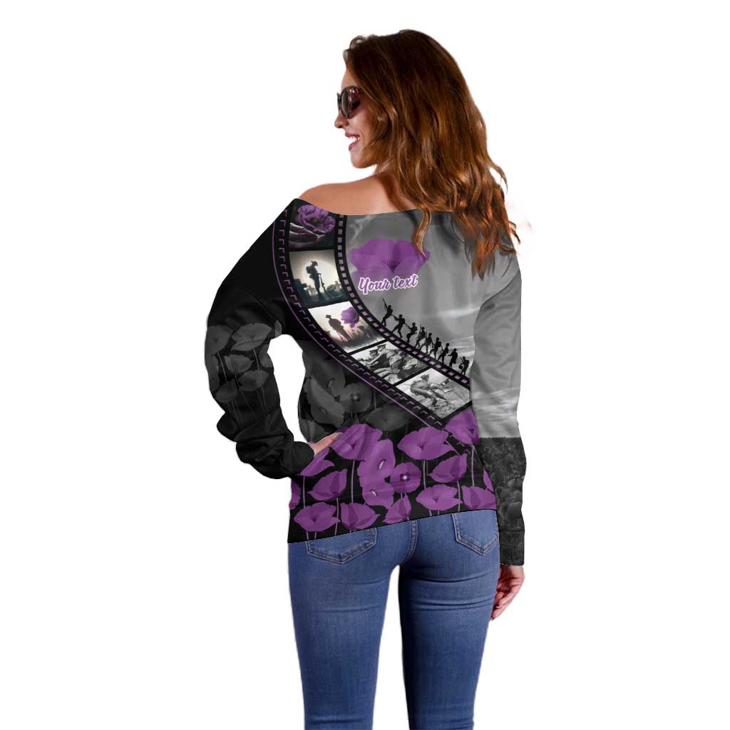 Personalised Remembering ANZAC Lest We Forget Off Shoulder Sweater Vintage Film Frame Memorial Purple Poppy