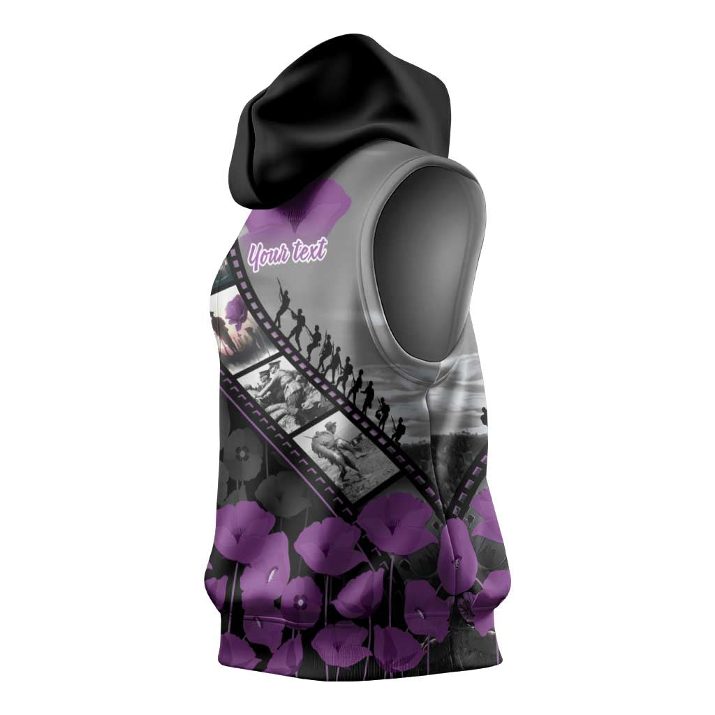 Personalised Remembering ANZAC Lest We Forget Sleeveless Hoodie Vintage Film Frame Memorial Purple Poppy