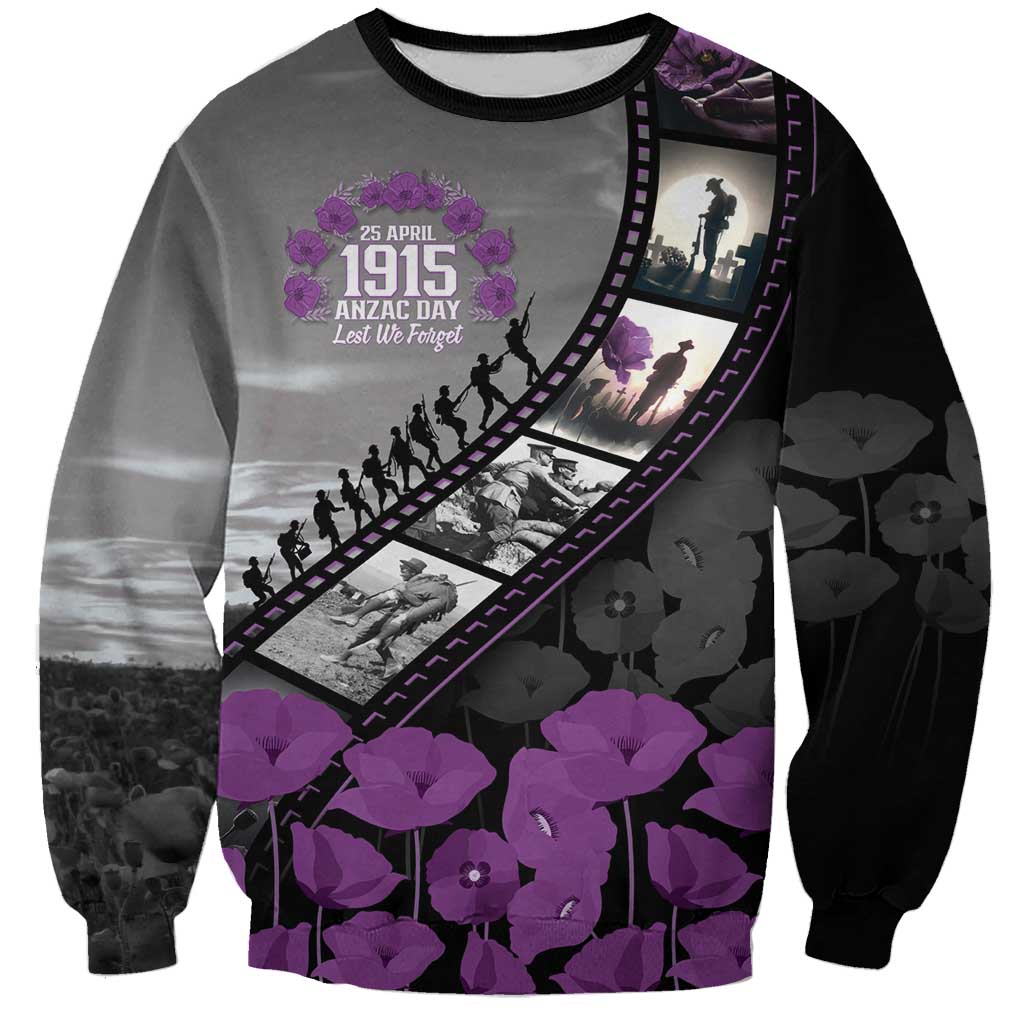 Personalised Remembering ANZAC Lest We Forget Sweatshirt Vintage Film Frame Memorial Purple Poppy
