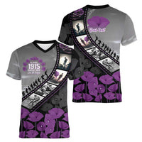 Personalised Remembering ANZAC Lest We Forget Women V-Neck T-Shirt Vintage Film Frame Memorial Purple Poppy