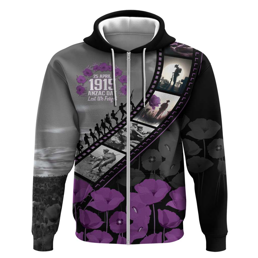 Personalised Remembering ANZAC Lest We Forget Zip Hoodie Vintage Film Frame Memorial Purple Poppy