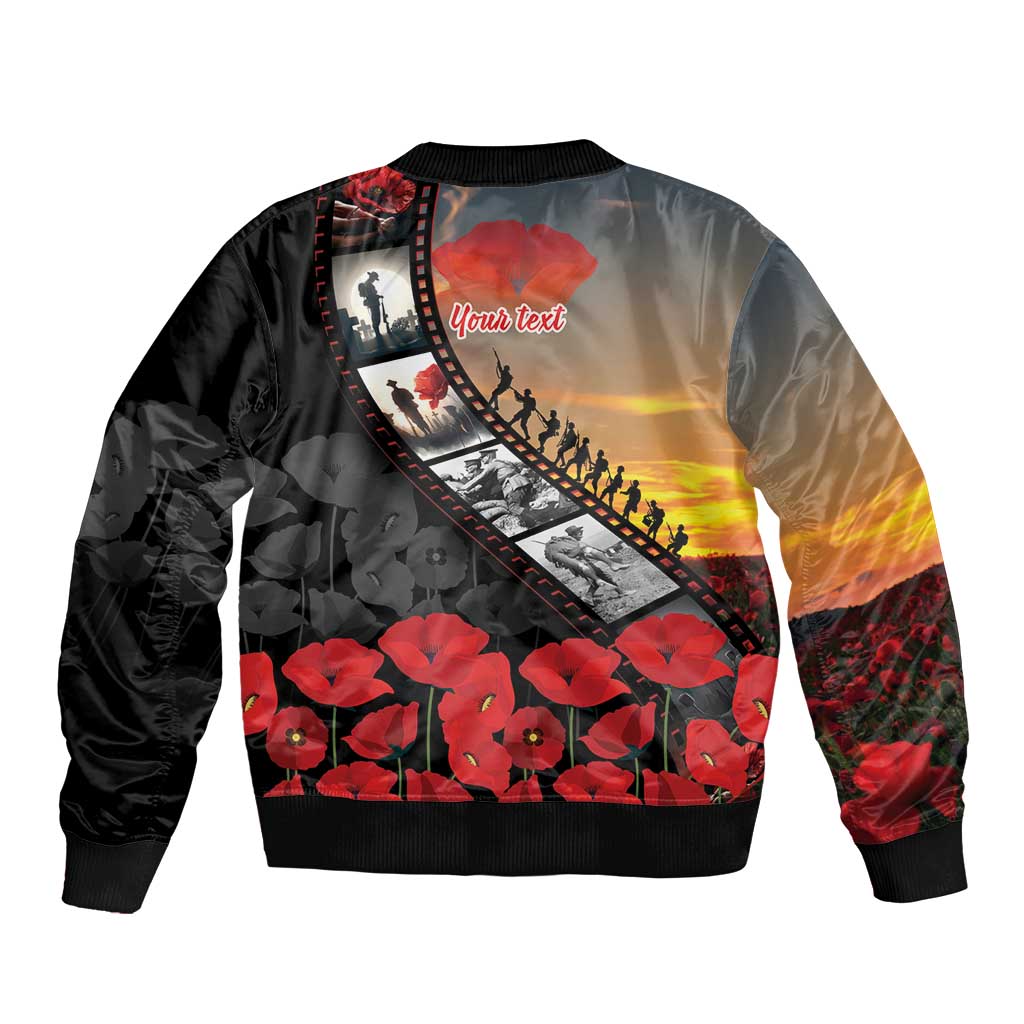 Personalised Remembering ANZAC Lest We Forget Bomber Jacket Vintage Film Frame Memorial Red Poppy