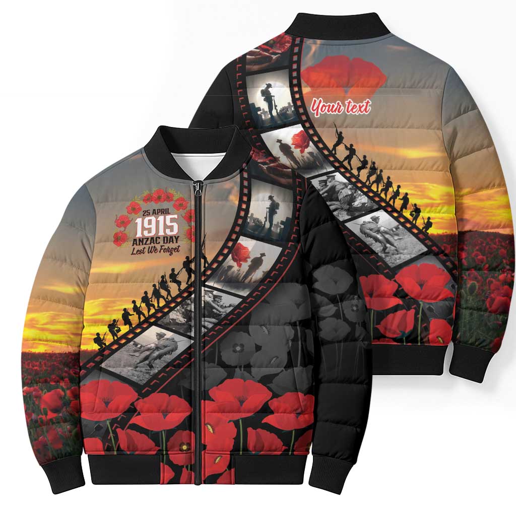 Personalised Remembering ANZAC Lest We Forget Bomber Puffer Jacket Vintage Film Frame Memorial Red Poppy