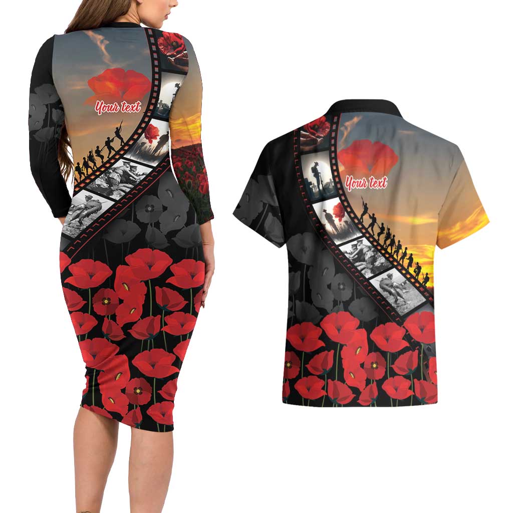 Personalised Remembering ANZAC Lest We Forget Couples Matching Long Sleeve Bodycon Dress and Hawaiian Shirt Vintage Film Frame Memorial Red Poppy LT9 - Polynesian Pride