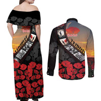Personalised Remembering ANZAC Lest We Forget Couples Matching Off Shoulder Maxi Dress and Long Sleeve Button Shirt Vintage Film Frame Memorial Red Poppy