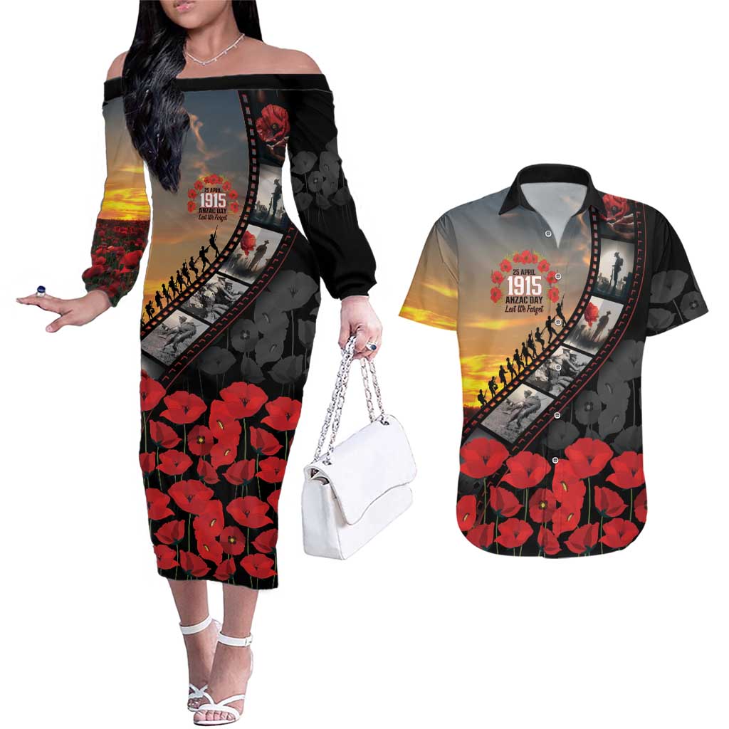 Personalised Remembering ANZAC Lest We Forget Couples Matching Off The Shoulder Long Sleeve Dress and Hawaiian Shirt Vintage Film Frame Memorial Red Poppy LT9 Red - Polynesian Pride
