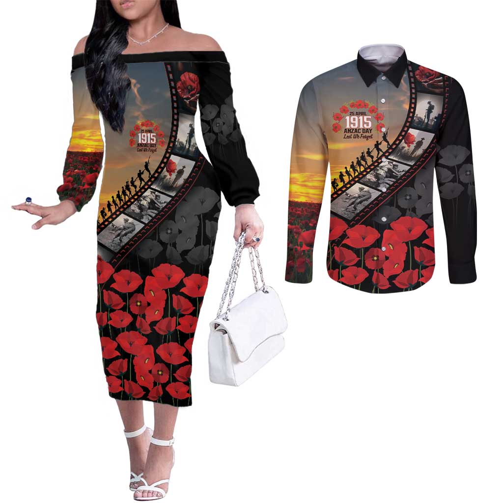 Personalised Remembering ANZAC Lest We Forget Couples Matching Off The Shoulder Long Sleeve Dress and Long Sleeve Button Shirt Vintage Film Frame Memorial Red Poppy
