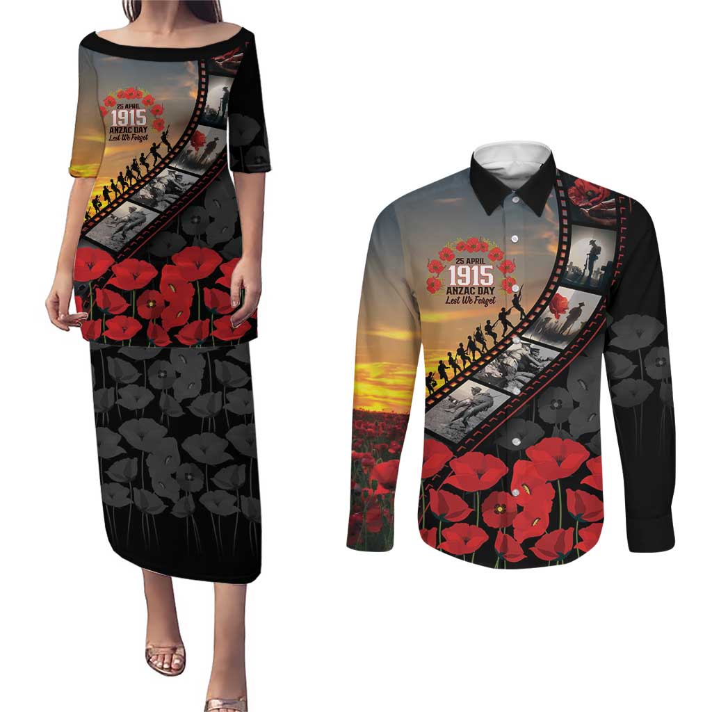 Personalised Remembering ANZAC Lest We Forget Couples Matching Puletasi and Long Sleeve Button Shirt Vintage Film Frame Memorial Red Poppy