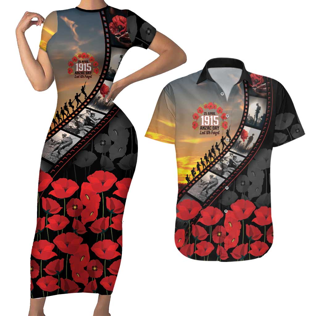 Personalised Remembering ANZAC Lest We Forget Couples Matching Short Sleeve Bodycon Dress and Hawaiian Shirt Vintage Film Frame Memorial Red Poppy