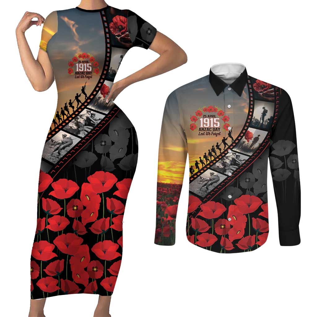 Personalised Remembering ANZAC Lest We Forget Couples Matching Short Sleeve Bodycon Dress and Long Sleeve Button Shirt Vintage Film Frame Memorial Red Poppy