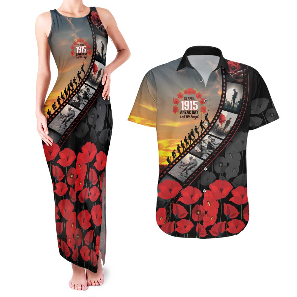 Personalised Remembering ANZAC Lest We Forget Couples Matching Tank Maxi Dress and Hawaiian Shirt Vintage Film Frame Memorial Red Poppy