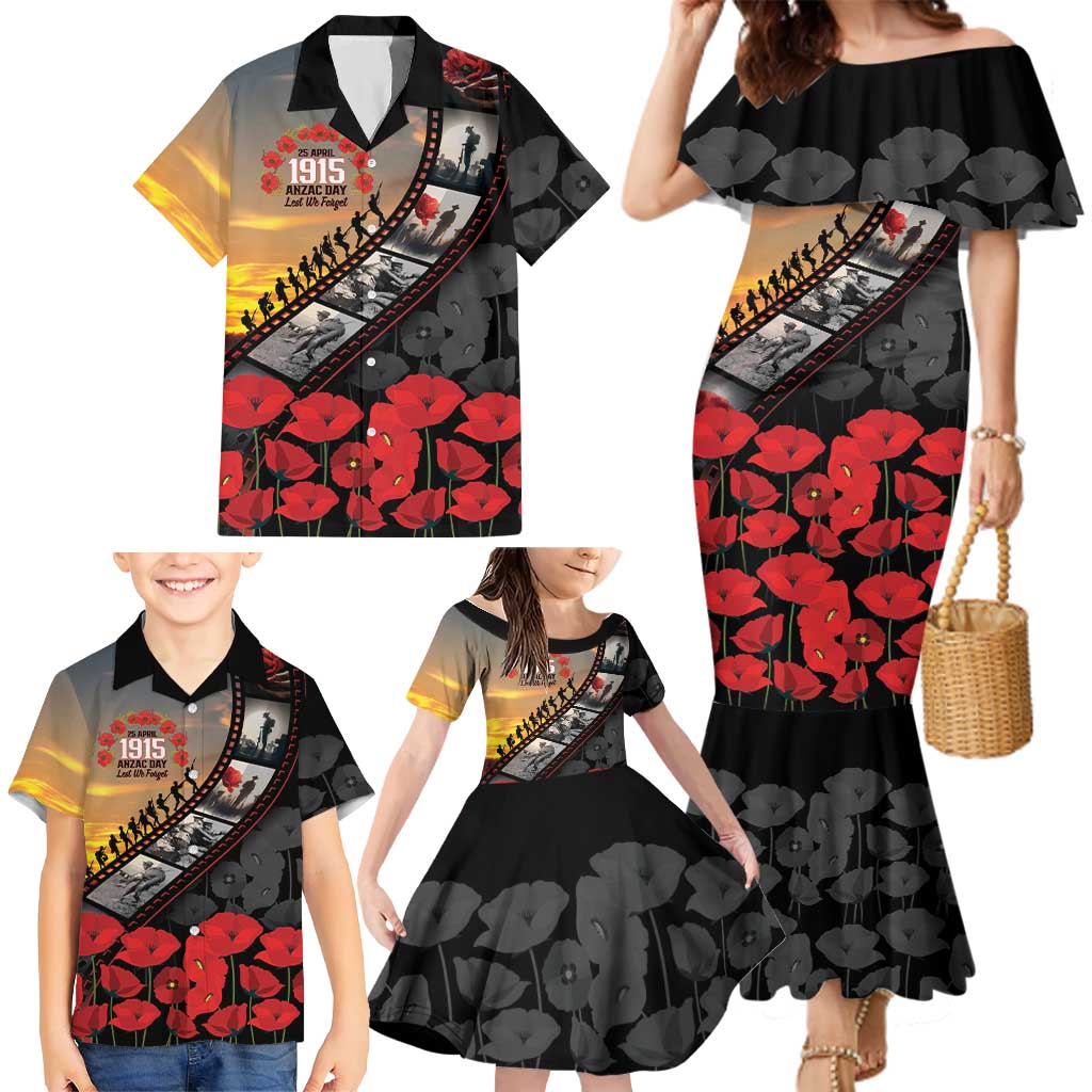 Personalised Remembering ANZAC Lest We Forget Family Matching Mermaid Dress and Hawaiian Shirt Vintage Film Frame Memorial Red Poppy LT9 - Polynesian Pride