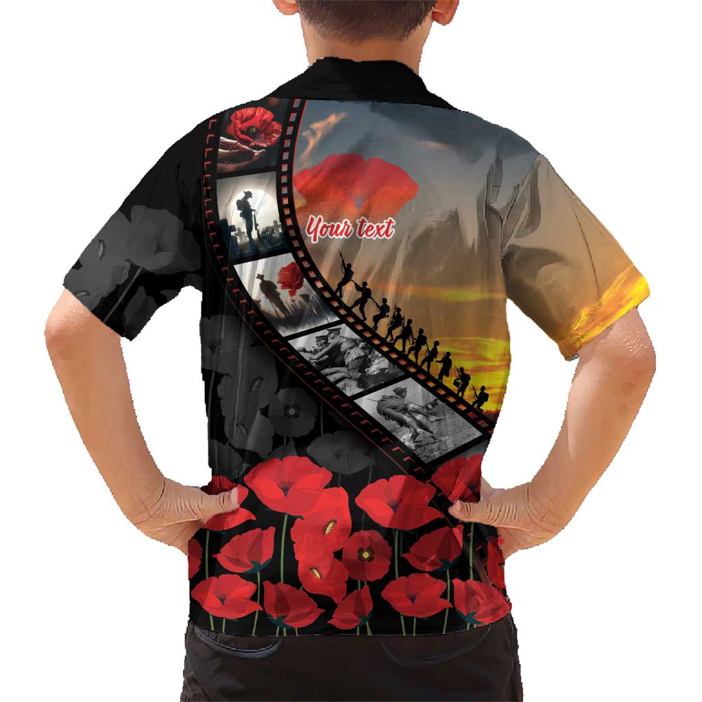 Personalised Remembering ANZAC Lest We Forget Family Matching Off The Shoulder Long Sleeve Dress and Hawaiian Shirt Vintage Film Frame Memorial Red Poppy LT9 - Polynesian Pride