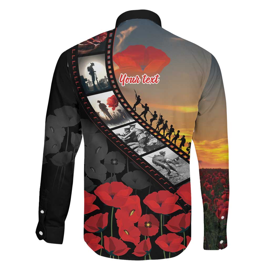 Personalised Remembering ANZAC Lest We Forget Family Matching Off The Shoulder Long Sleeve Dress and Hawaiian Shirt Vintage Film Frame Memorial Red Poppy LT9 - Polynesian Pride