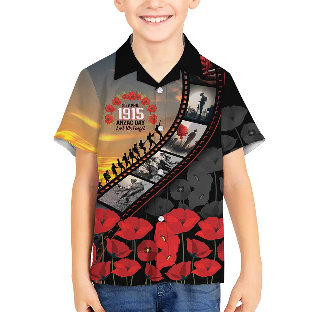 Personalised Remembering ANZAC Lest We Forget Kid Hawaiian Shirt Vintage Film Frame Memorial Red Poppy