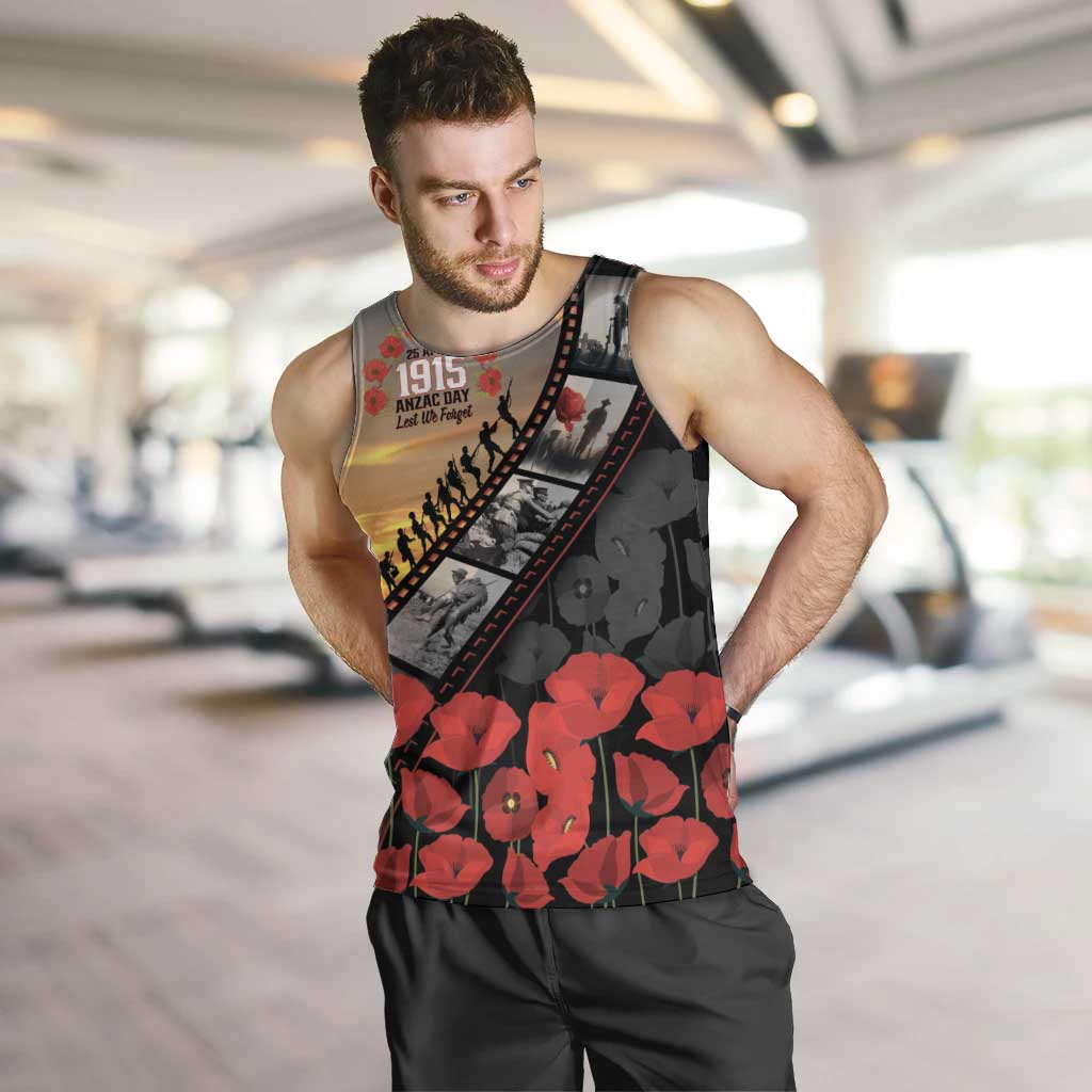 Personalised Remembering ANZAC Lest We Forget Men Tank Top Vintage Film Frame Memorial Red Poppy LT9 Red - Polynesian Pride
