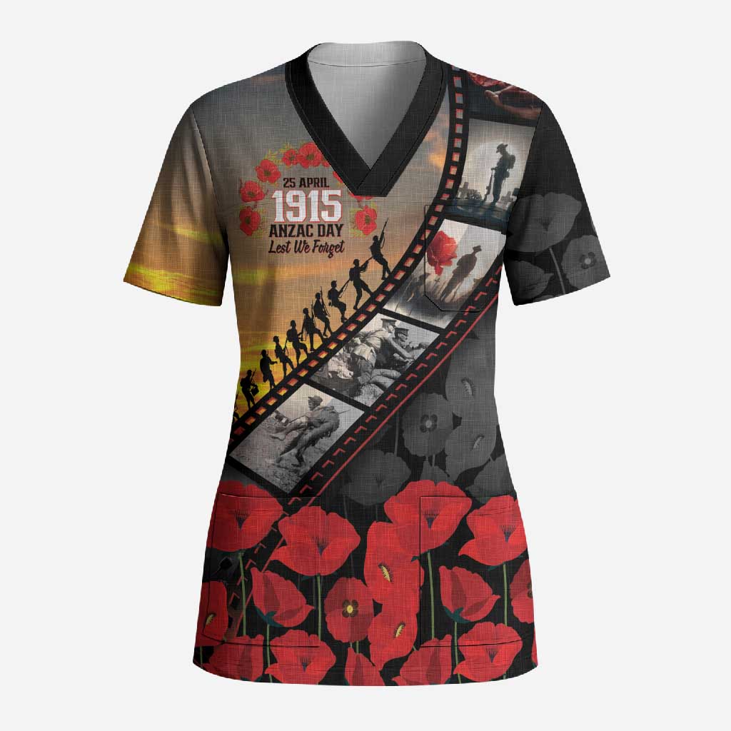Personalised Remembering ANZAC Lest We Forget Scrub Top Vintage Film Frame Memorial Red Poppy