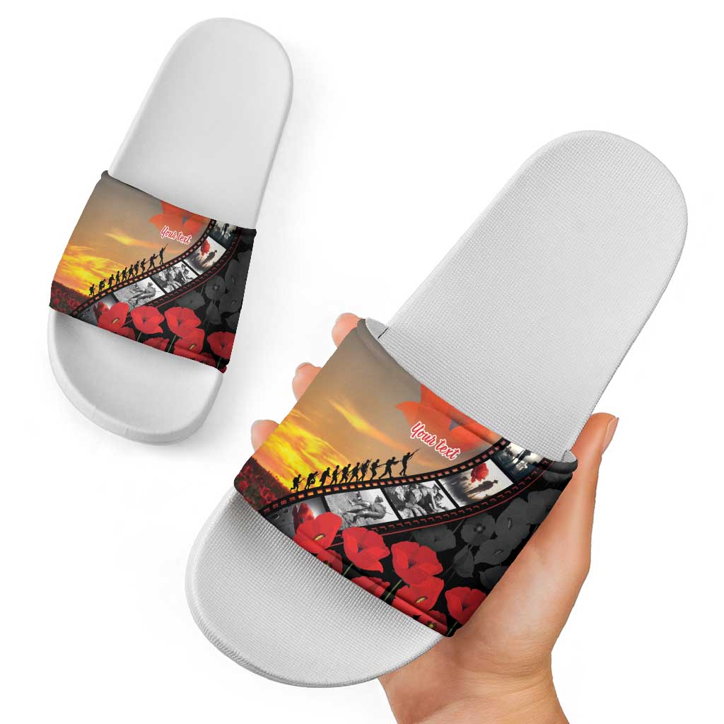Personalised Remembering ANZAC Lest We Forget Slide Sandals Vintage Film Frame Memorial Red Poppy