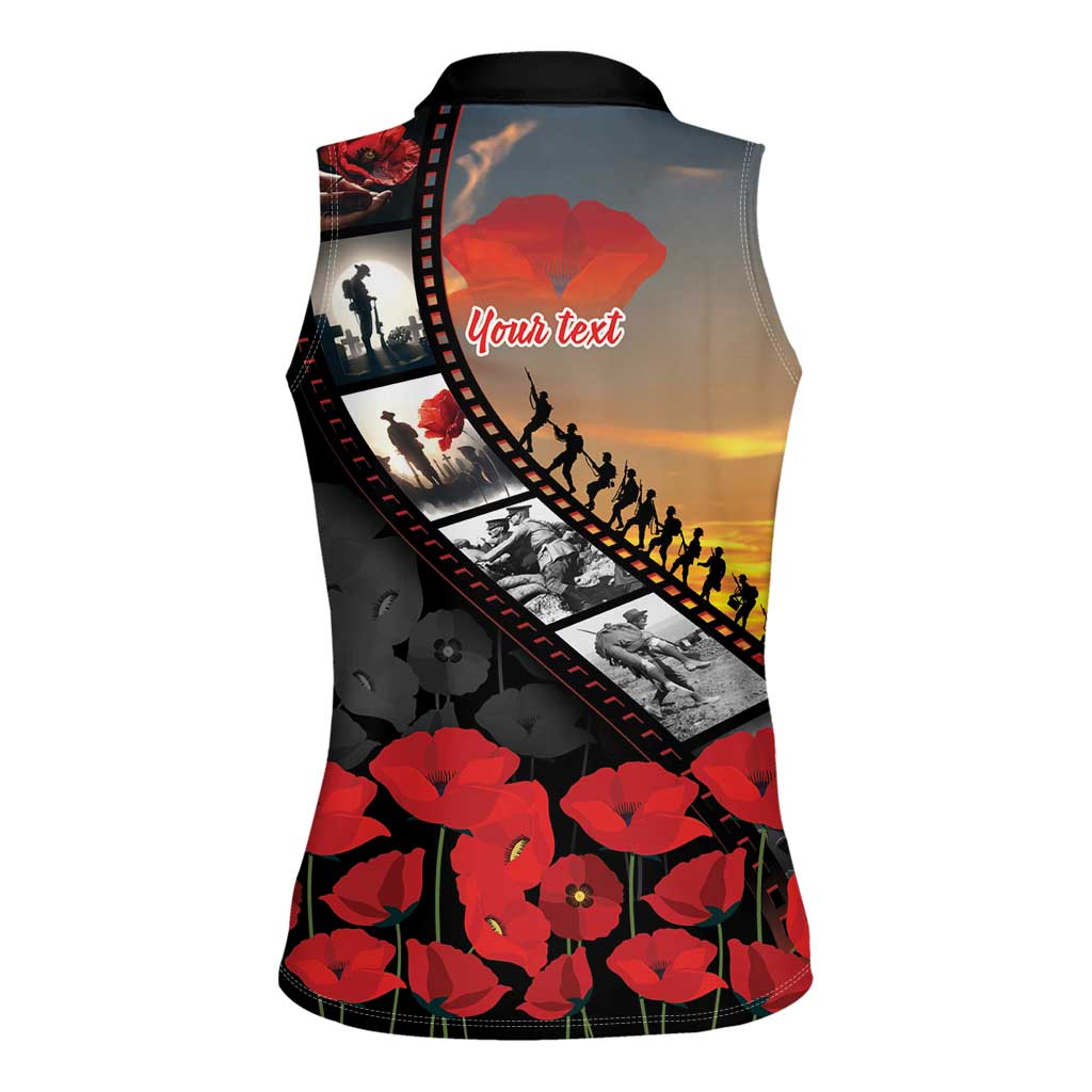Personalised Remembering ANZAC Lest We Forget Women Sleeveless Polo Shirt Vintage Film Frame Memorial Red Poppy